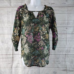 Renee‎ C Womens Blouse Sz Small Green Pink Floral 3/4 Sleeve